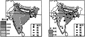 根据印度降水及工农业分布图,下列说法完全正确的是