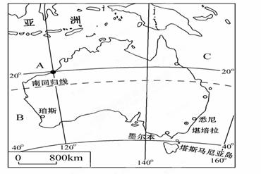 读澳大利亚图,回答问题.(6分) (1)写出a点的经度,纬度