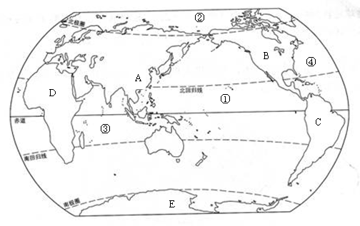 阅读世界海陆分布图,回答问题