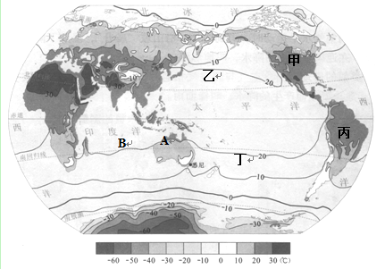 读"世界7月平均气温分布图",完成题目要求.(7分)