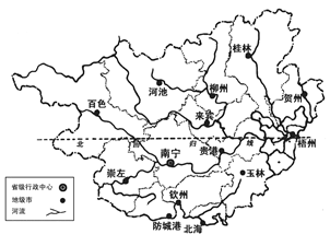 ( 4分)读广西壮族自治区简图,回答下列问题.